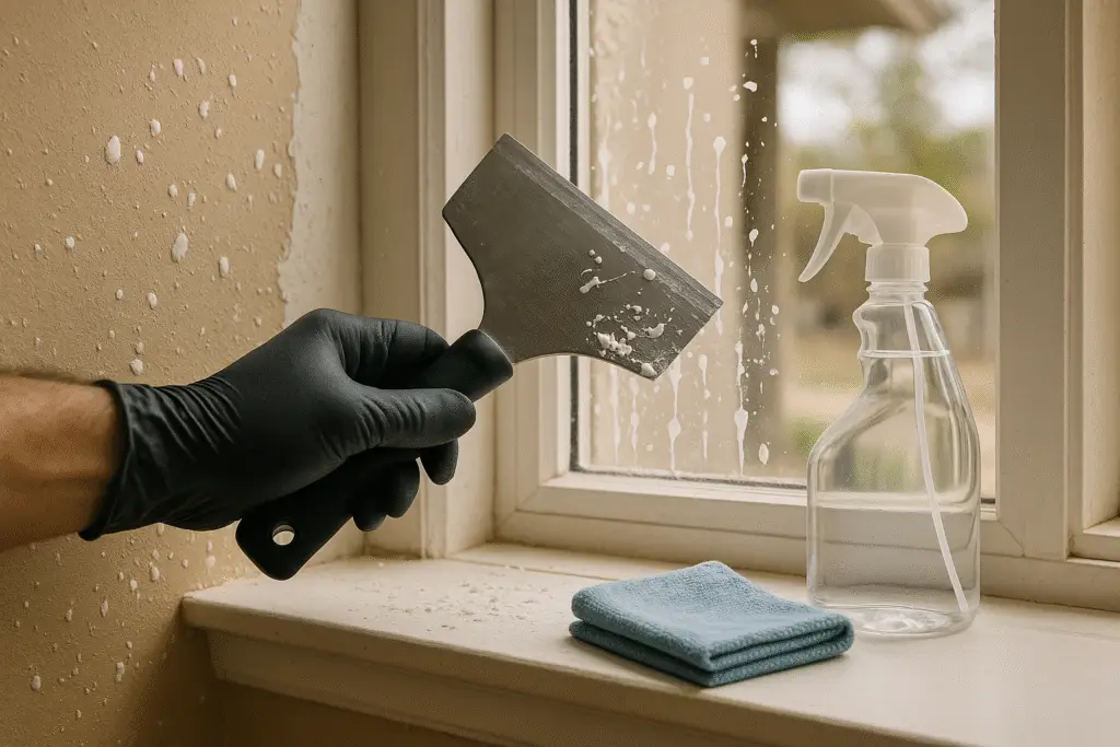 A close-up photo of a gloved hand using a large, high-quality scraper blade to carefully remove dried white paint splatters from a window pane in a recently renovated room. A spray bottle and microfiber cloth rest on the windowsill, with visible paint stains on the surrounding beige wall.