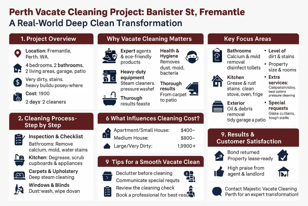 Perth Vacate Cleaning Project: A Showcase Of Deep Cleaning A Dirty House 1 Horizontal infographic showing the process, benefits, and results of a professional vacate cleaning project in Fremantle, Perth, detailing steps such as bathroom and kitchen cleaning, carpet steam cleaning, and pressure washing, with pricing and customer tips.
