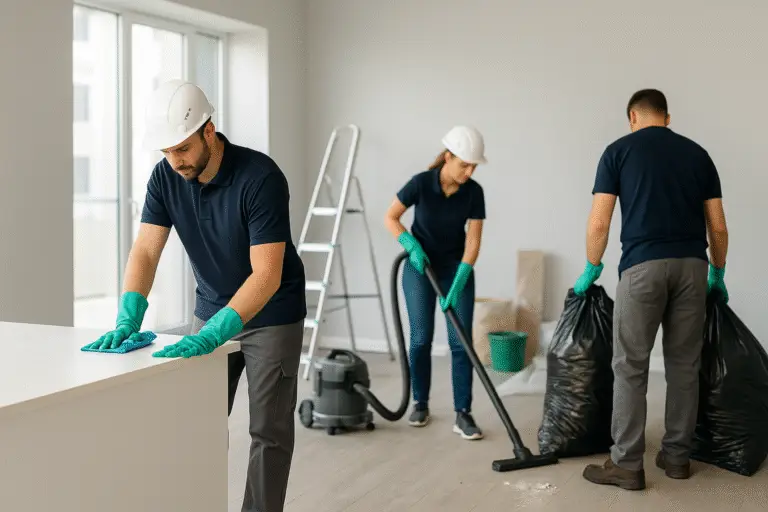 Three professional cleaners in safety gear and uniforms clean a bright, newly renovated modern interior with large windows, wiping surfaces, vacuuming, and collecting debris bags. Construction materials like ladders and buckets are visible in the background, showing the transformation from post-construction mess to a spotless, ready-to-use space.