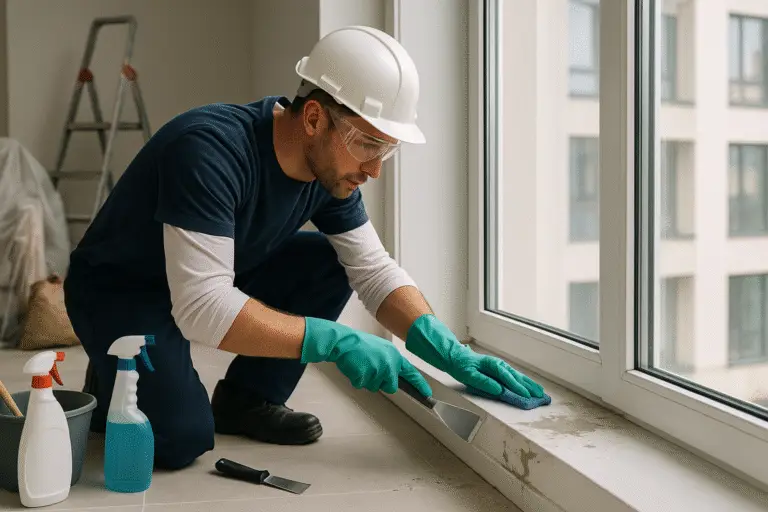 A professional cleaner wearing gloves, safety glasses, and a hard hat uses a plastic scraper and microfiber cloth to remove stubborn cement and concrete residue from the lower edge of a large, modern window. Cleaning supplies like spray bottles, brushes, and a bucket are nearby, and the background subtly shows signs of recent construction such as a ladder, dust sheet, and empty cement bag. The setting is bright and contemporary, highlighting the meticulous cleaning process.