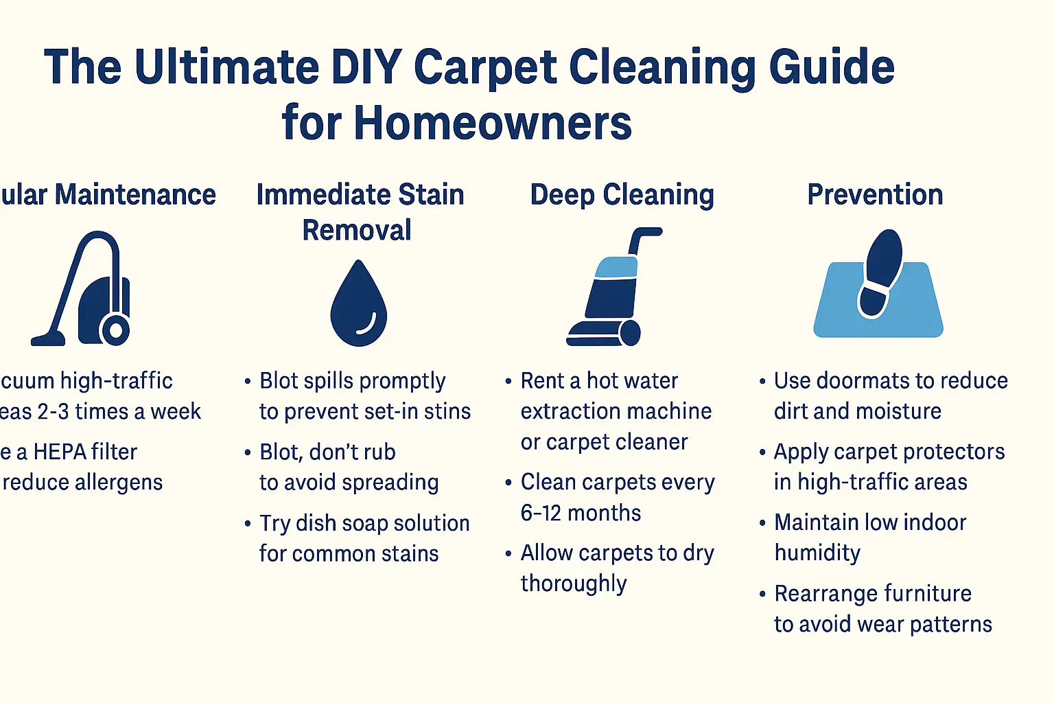 The Ultimate Diy Carpet Cleaning Guide For Homeowner 1 Horizontal infographic summarizing essential DIY carpet cleaning strategies for homeowners, including regular vacuuming, immediate stain removal techniques, deep cleaning with rental machines, and preventive measures like doormats and rearranging furniture for long-lasting, healthy carpets.