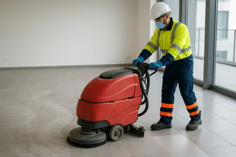 A realistic, horizontal photo of a professional cleaner wearing a high-visibility shirt, safety helmet, gloves, mask, and reflective pants, pushing a red industrial floor scrubber over a large, modern gray tile floor. The image shows a striking contrast between the visibly dusty, dirty tiles and the clean, bright area left behind by the machine. Large windows flood the space with natural light, highlighting the cleaner’s precise work and the transformation of the floor.