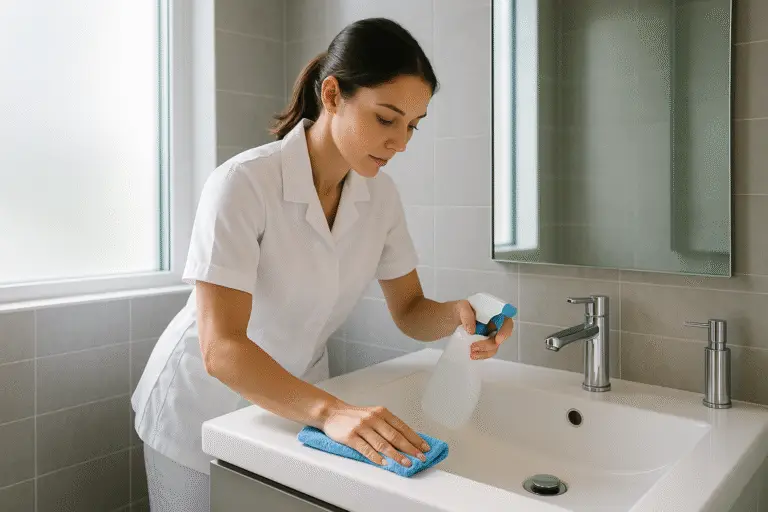 Builder'S Clean 3 A woman in a white uniform is cleaning a modern bathroom sink with a spray bottle and cloth, standing beside a large mirror and sleek chrome fixtures in a well-lit, tiled bathroom.