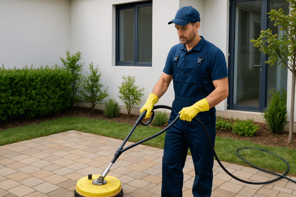 A male professional cleaner wearing navy overalls, a matching cap, and yellow rubber gloves uses a high-pressure surface cleaner to wash beige outdoor paving stones in the backyard of a modern white rental house in Perth, surrounded by green hedges and small landscaped plants.