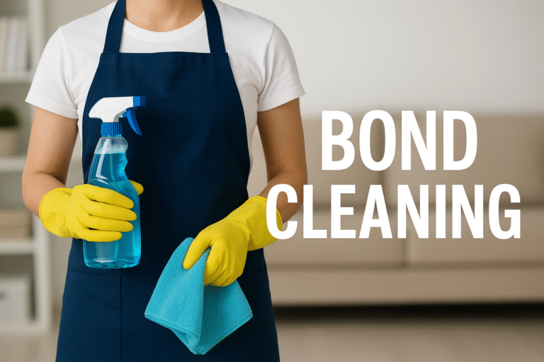Professional bond cleaner wearing gloves and apron holding a spray bottle and cloth, representing Majestic Vacate Cleaning Perth’s reliable end-of-lease cleaning services.