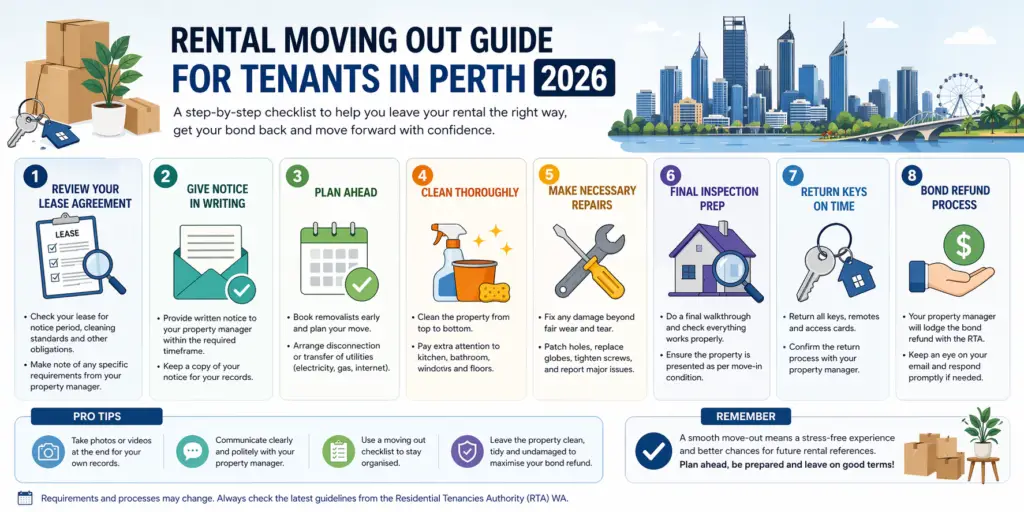 Horizontal infographic showing rental moving out checklist for Perth tenants including notice, cleaning, repairs, inspection, and bond refund steps