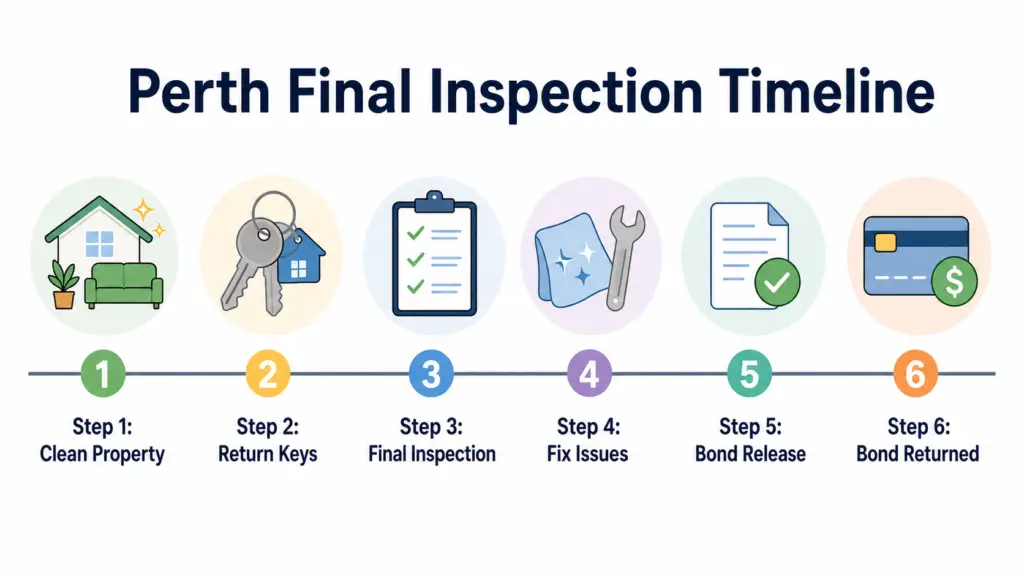 The Perth Final Inspection Timeline: What Happens From Key Return To Bond Release 2 Horizontal infographic showing six steps in the Perth rental final inspection timeline: clean property, return keys, final inspection, fix issues, bond release, and bond returned.