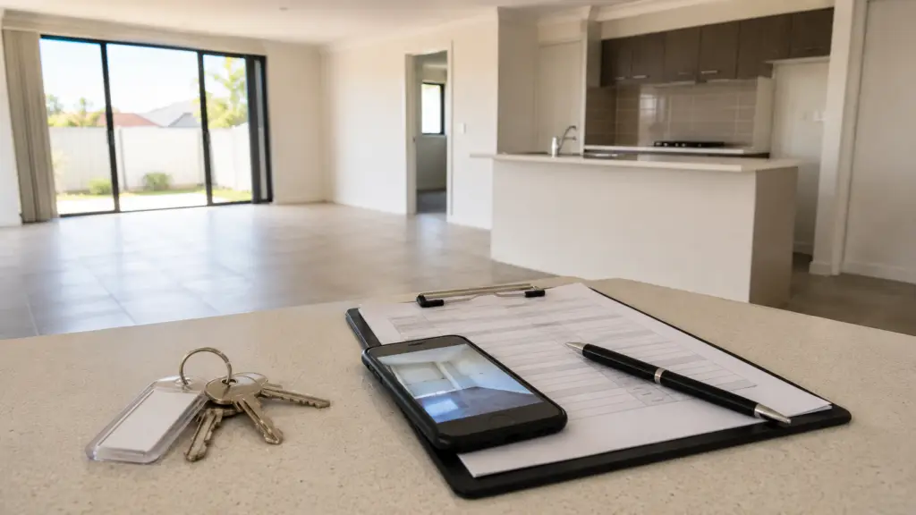 The Perth Final Inspection Timeline: What Happens From Key Return To Bond Release 1 House keys, a property condition checklist, a pen, and a phone on a clean kitchen bench inside an empty Perth rental after vacate cleaning.